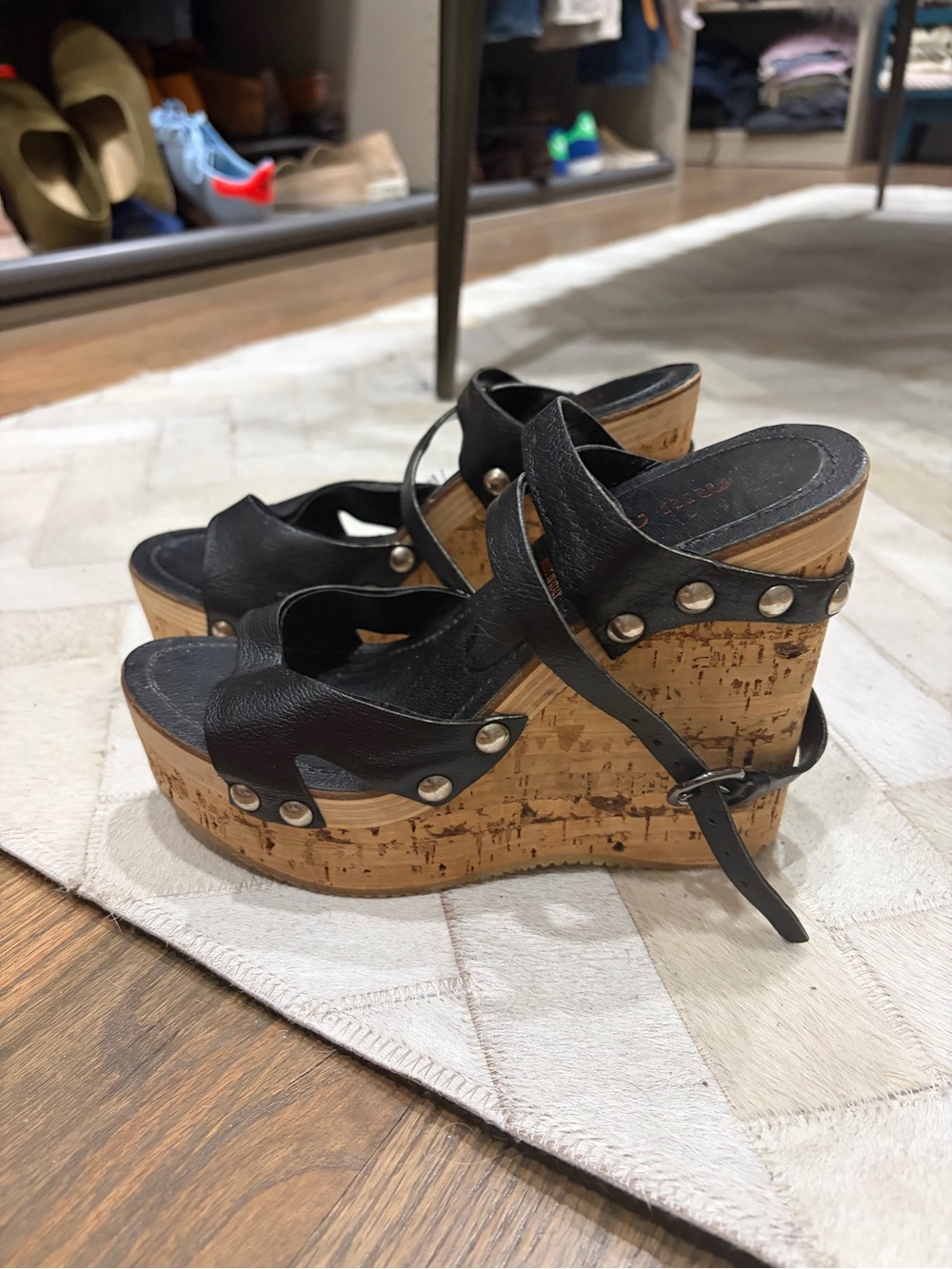 Miu Miu Black Leather Cork Wedge Sandals with Stud Accents